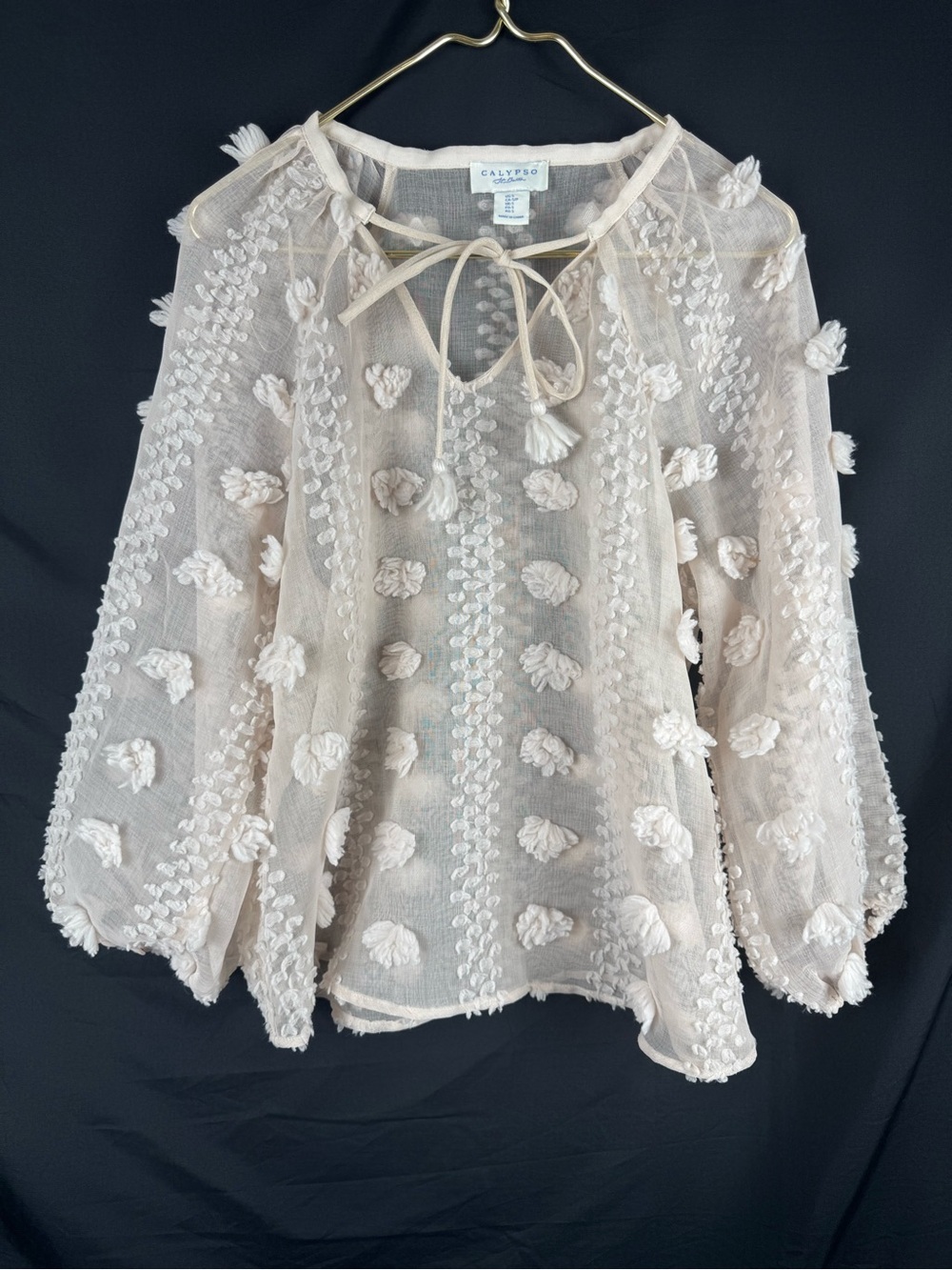 Calypso St Barth Ivory Sheer Clip Dot Tufted Pom Pom Tunic Blouse Small Boho